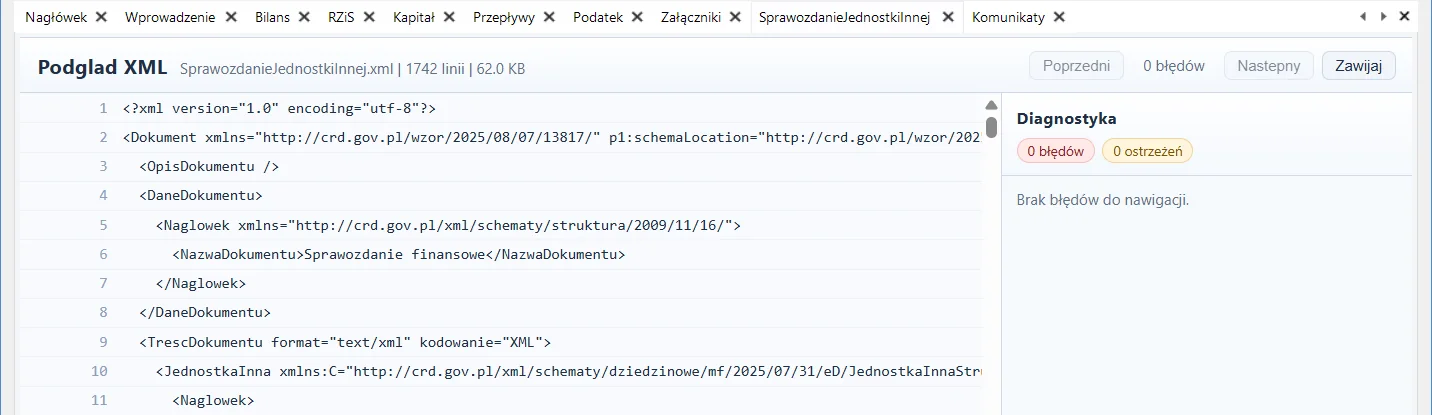 Diagnostyka pliku XML w e-SF: podgląd 1742 linii sprawozdania, wynik 0 błędów i 0 ostrzeżeń