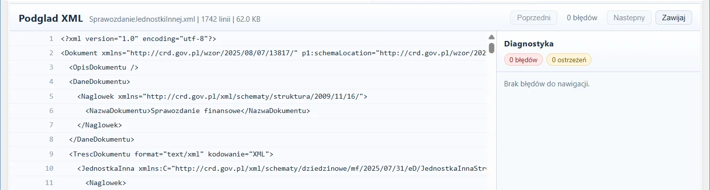Program e-SF: podgląd pliku XML sprawozdania z panelem diagnostyki – 0 błędów, 0 ostrzeżeń