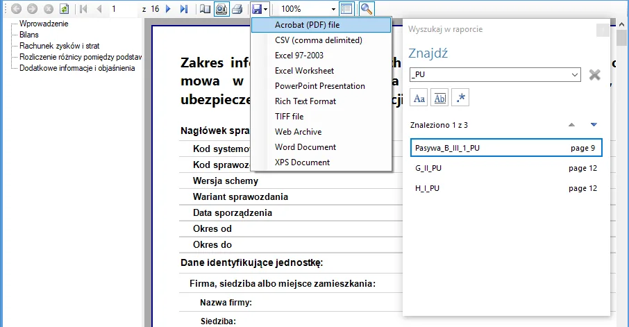 Podgląd raportu sprawozdania w programie e-SF na Windows: spis treści po lewej, wyszukiwanie pozycji w raporcie i menu eksportu do PDF, Excela, Worda i innych formatów
